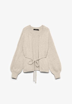 Hellgrauer Cardigan mit weicher Textur, offenem Vorderteil und langen, ballonförmigen Ärmeln. Mit gebundener Taillendetail für eine verstellbare Passform.