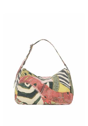 Sac à épaule patchwork coloré avec un mélange de motifs animaux et abstraits en rose, jaune, noir et blanc avec une anse unique.