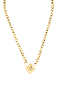 Gouden ketting met een hangslot hanger, met een gladde textuur en een schakeldesign. Gegraveerd met "LIEBESKIND" op het hangslot.