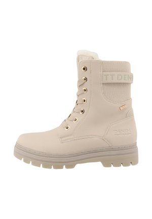 Stivaletto beige con lacci, polsino a costine, interno imbottito e suola robusta, marchiato "Denim" sul lato e sulla cinghia.