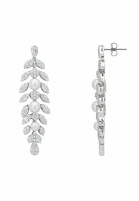 Silver-tone earrings featuring marquise and round clear crystals, three white pearls, and a teardrop crystal at the base, with a post back.