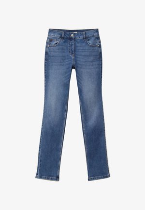 Niebieskie dżinsy o prostym kroju nogawki, pięć kieszeni, metalowe zapięcie na guzik oraz subtelne wyblaknięcia na całej tkaninie.