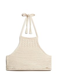 Gehaakte haltertop in off-white, met een gestructureerd open weefsel, verstelbare nekbanden met franjes en een fitted, naadloos ontwerp.