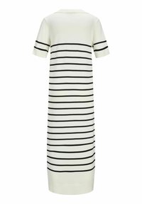 Vestido de longitud hasta la rodilla y de manga corta en tejido crema con rayas negras horizontales. Presenta un cuello sencillo y un diseño de corte recto.