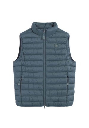 Chaleco acolchado sin mangas de color gris oscuro con cuello alto, cremallera frontal y bolsillos laterales con cremallera.