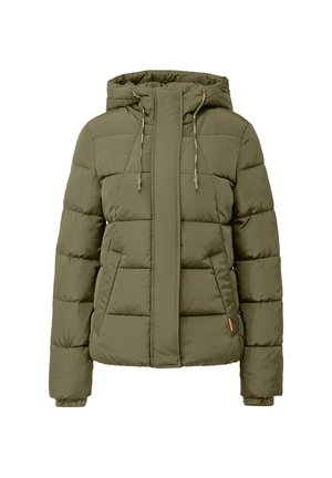 Groene pufferjack met een capuchon, met een gewatteerd ontwerp, een rits aan de voorkant, trekkoorden en ribgebreide accenten bij de manchetten.