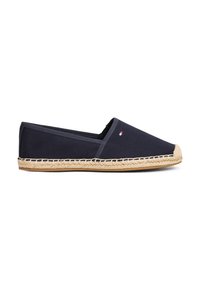 Espadrille simple en toile bleu marine avec semelle en jute beige tressée et petit logo drapeau rouge, blanc et bleu sur le côté.