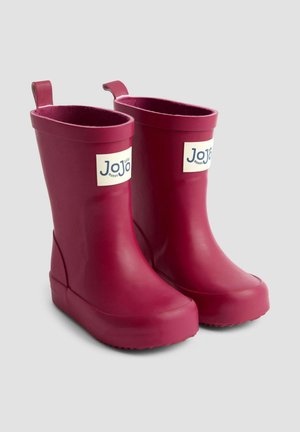 Rozā gumijas lietus zābaki ar gludu virsmu, noapaļotu purngalu un cilpām aizmugurē. Malā ir neliels balts logotips.