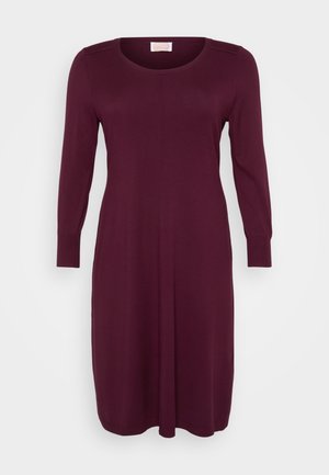 Long-sleeve, knee-length burgundy knit dress with round neckline and subtle seam down the center front.