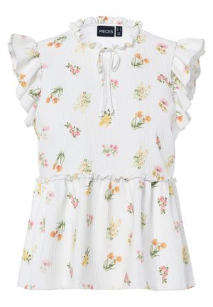 Blusa blanca de manga corta con mangas con volantes, estampado floral, cintura fruncida y lazo en el escote.