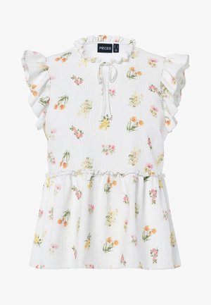 Blusa blanca de manga corta con mangas con volantes, estampado floral, cintura fruncida y lazo en el escote.