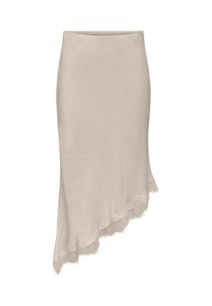 Beige asymmetrisk skjørt med blonder langs skrå kant, glatt stoff og tettsittende høy midje.