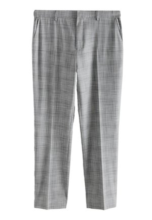 Pantalon formel gris à carreaux pour homme avec passants de ceinture, poches latérales et fermeture éclair à l'avant, présenté à plat sur fond blanc.