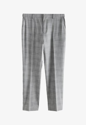 Pantalon formel gris à carreaux pour homme avec passants de ceinture, poches latérales et fermeture éclair à l'avant, présenté à plat sur fond blanc.