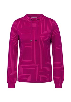 Pull manches longues magenta avec motifs géométriques linéaires et cordons au col rond.