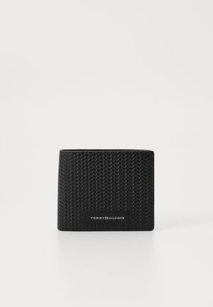 Black bifold wallet with textured leather surface, featuring a stitched logo patch. Compact rectangular shape, designed for cards and cash.
