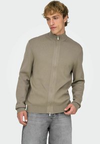 Maglione beige chiaro con zip, collo alto, polsini e orlo a coste, e tessitura a maglia fine, abbinato a jeans grigio chiaro.