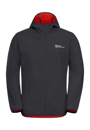 Schwarze Outdoorjacke mit Kapuze und rotem Innenfutter, Frontreißverschluss, seitlichen Reißverschlusstaschen und kleinem Jack Wolfskin-Logo auf der Brust.