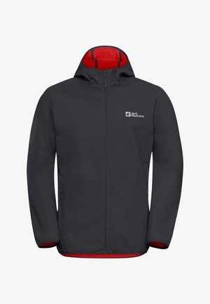 Schwarze Outdoorjacke mit Kapuze und rotem Innenfutter, Frontreißverschluss, seitlichen Reißverschlusstaschen und kleinem Jack Wolfskin-Logo auf der Brust.
