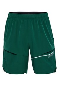 Shorts sportivi verde scuro con cintura elastica, tasche laterali e un accento orizzontale bianco vicino all'orlo. Texture leggera e liscia.