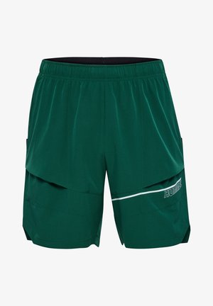 Ciemnozielone spodenki sportowe z elastycznym pasem, bocznymi kieszeniami i białym poziomym akcentem w pobliżu dołu. Lekki, gładki materiał.