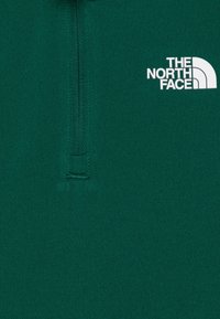 Pullover verde con colletto a quarti zip, realizzato in tessuto liscio. Presenta un logo bianco sulla parte superiore sinistra del petto.