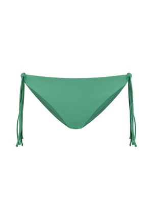 Slip bikini verde con lacci ai lati, realizzato in tessuto liscio ed elastico. Presenta un taglio classico e un design senza cuciture per il massimo comfort.
