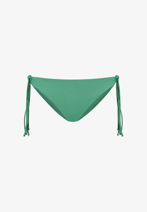 Slip bikini verde con lacci ai lati, realizzato in tessuto liscio ed elastico. Presenta un taglio classico e un design senza cuciture per il massimo comfort.