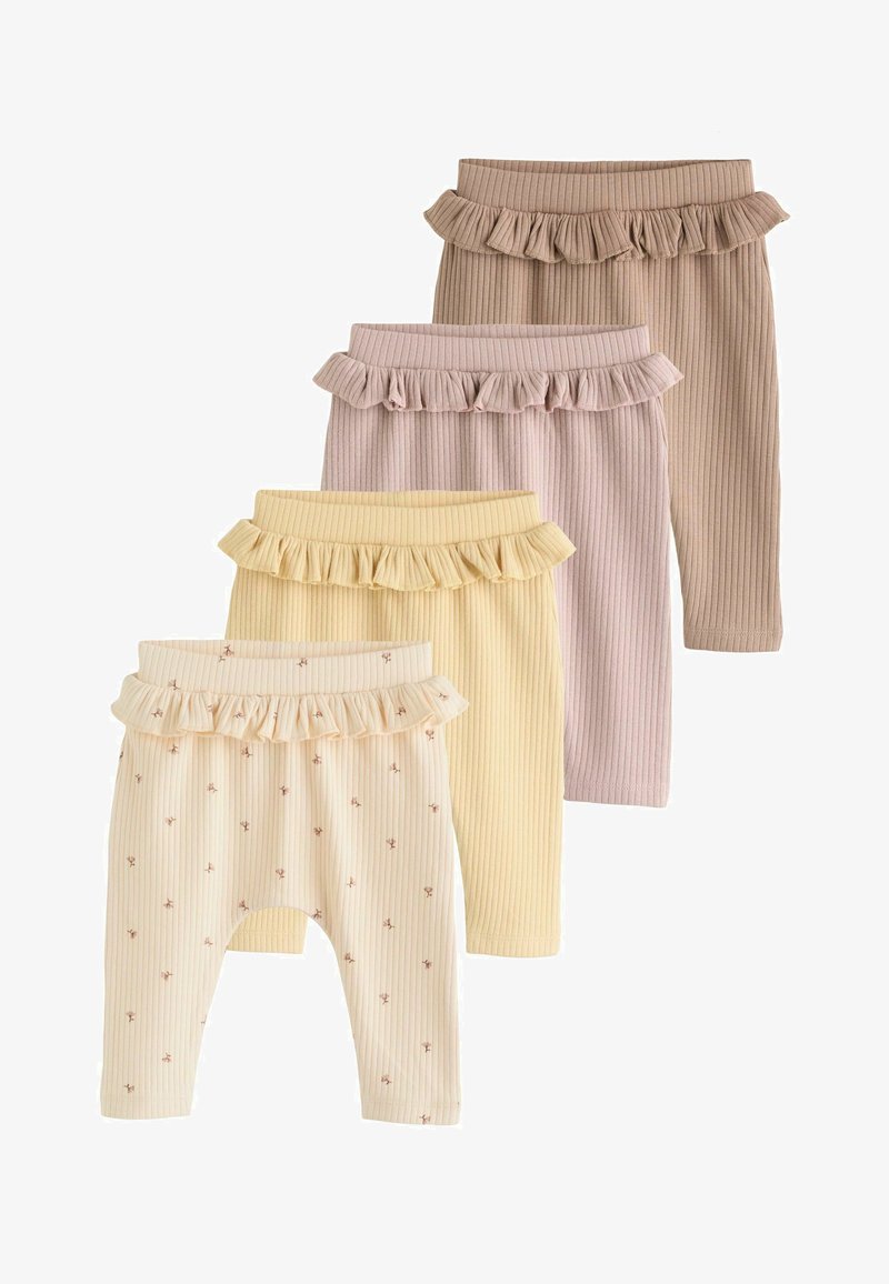 Set aus vier Baby-Leggings aus Rippstoff; Farben sind hellgelb, creme mit Blumenmuster, zartrosa und beige. Rüschenbündchen.