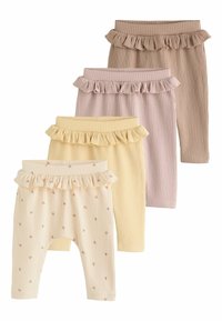 Ensemble de quatre leggings pour bébés en tissu côtelé ; les couleurs incluent jaune clair, crémeux avec imprimé floral, rose doux et beige. Ceintures élastiques à volants.