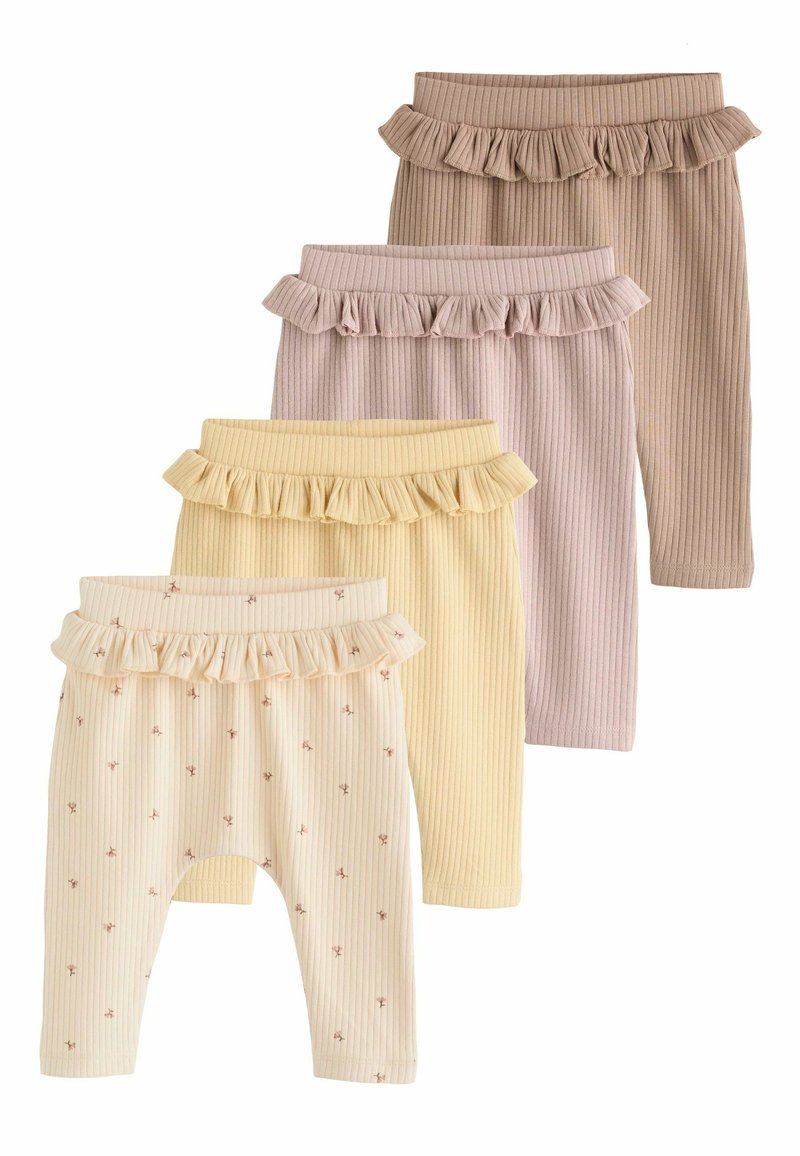 Ensemble de quatre leggings pour bébés en tissu côtelé ; les couleurs incluent jaune clair, crémeux avec imprimé floral, rose doux et beige. Ceintures élastiques à volants.