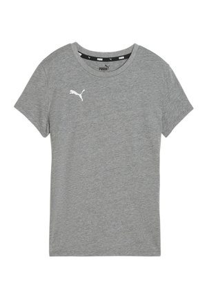 Graues T-Shirt mit kurzen Ärmeln aus weichem Stoff, das ein weißes Puma-Logo auf der linken Brustseite und einen Rundhalsausschnitt aufweist.