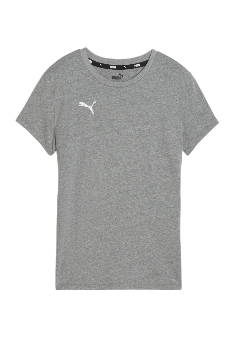 Grijze T-shirt met korte mouwen, gemaakt van zachte stof, met een wit Puma-logo op de linkerborst en een ronde hals.
