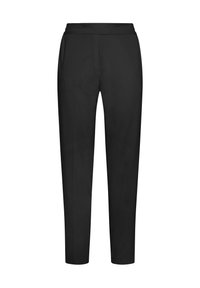 Zwarte broek gemaakt van een gladde stof, met een tapering pasvorm, platte voorkant en elastische tailleband voor comfort, zonder zichtbare zakken.