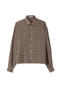 Camicia a maniche lunghe a scacchi marrone e bianca con colletto, chiusura con bottoni e orlo corto. Tessuto morbido con texture liscia.