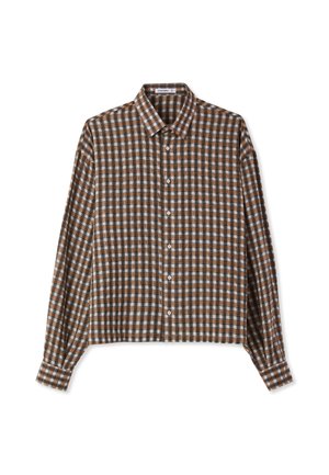 Camicia a maniche lunghe a scacchi marrone e bianca con colletto, chiusura con bottoni e orlo corto. Tessuto morbido con texture liscia.