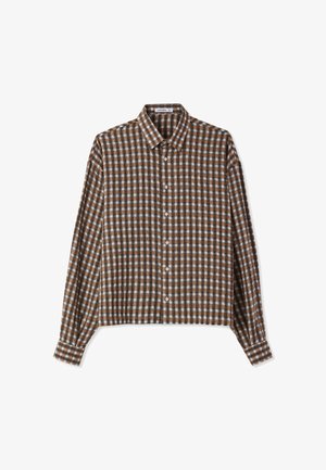 Camicia a maniche lunghe a scacchi marrone e bianca con colletto, chiusura con bottoni e orlo corto. Tessuto morbido con texture liscia.