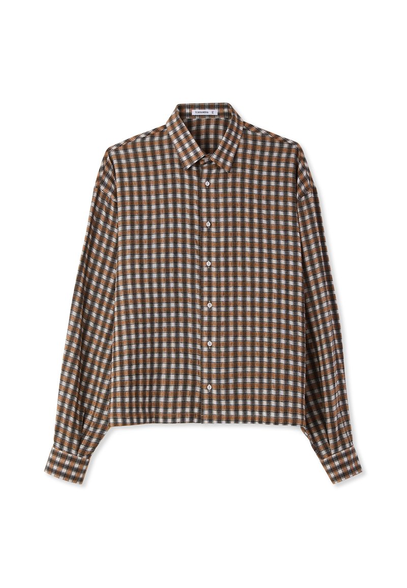 Camicia a maniche lunghe a scacchi marrone e bianca con colletto, chiusura con bottoni e orlo corto. Tessuto morbido con texture liscia.