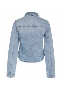 Veste en denim bleu clair vue de dos avec manches longues, poignets boutonnés et col classique.