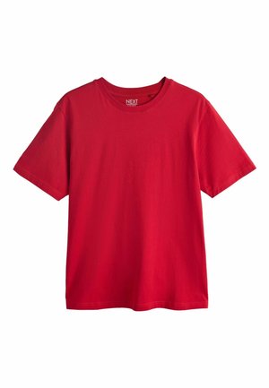 T-shirt rouge à manches courtes avec col rond, ourlet droit, présenté à plat sur un fond blanc.