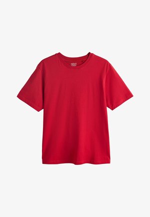 Camiseta roja de manga corta con cuello redondo y dobladillo recto, presentada plana sobre un fondo blanco.