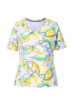 Short-sleeve V-neck shirt made of soft fabric featuring a colorful turtle and lemon pattern in yellow, green, and black outlines on a white background.