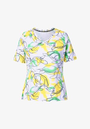 Short-sleeve V-neck shirt made of soft fabric featuring a colorful turtle and lemon pattern in yellow, green, and black outlines on a white background.