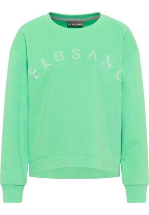 Sweat-shirt vert à manches longues avec col rond et lettres blanches à rayures diagonales formant le mot "ELBSAND" sur la poitrine.