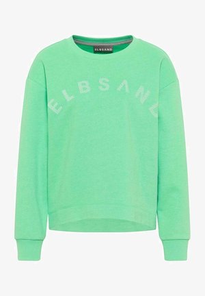 Sweat-shirt vert à manches longues avec col rond et lettres blanches à rayures diagonales formant le mot "ELBSAND" sur la poitrine.