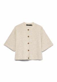 Lahka bež jopa s kratkimi rokavi iz pletenega materiala. Ima okrogel izrez in sedem rjavih gumbov spredaj.