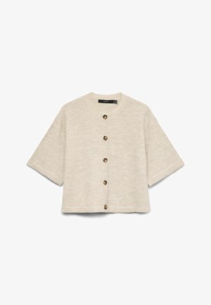 Svetlo bež kardigan kratkih rukava od pletenog tkanja. Ima okrugli izrez i sedam smeđih gumba sprijeda.