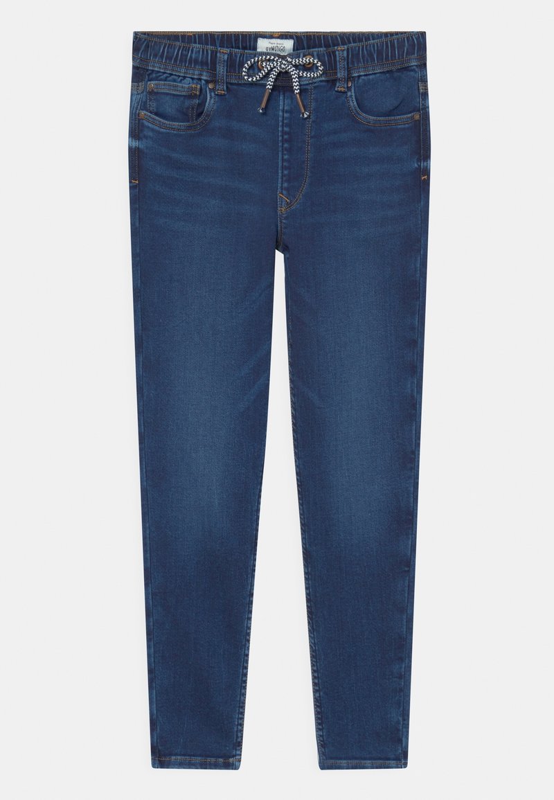 Džínové kalhoty v tmavě modré barvě s pružným pasem, pěti kapsami, kontrastním stehem a úzkým střihem.