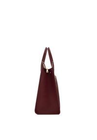 Burgundy leather handbag with a structured triangular shape, featuring two sturdy handles and a zip closure along one side.