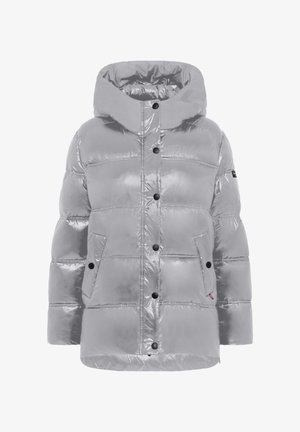 Silberner, glänzender Pufferjacke mit Kapuze, vorderen Druckknöpfen, gestepptem Design und zwei schrägen Seitentaschen mit Druckknopfverschlüssen.